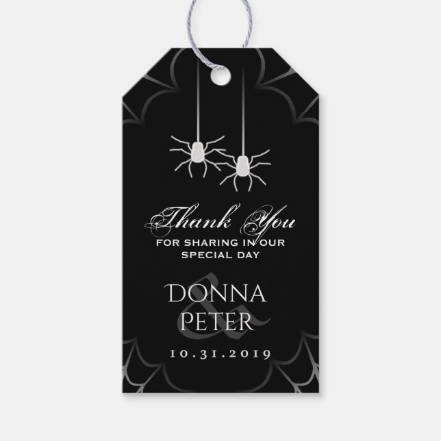Halloween Wedding Black White Spider Thank You Tag (Front)