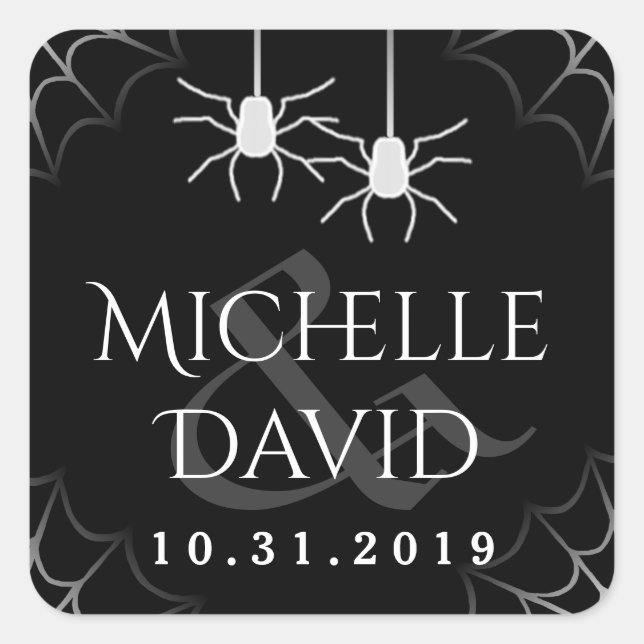 Halloween Wedding Black White Spiders Square Label (Front)