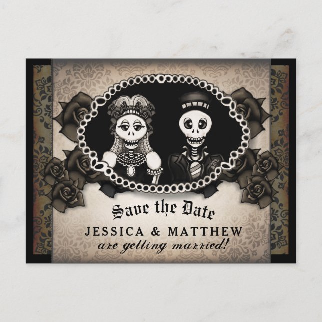 Halloween Wedding Brown Antique Skeletons Announcement Postcard (Front)