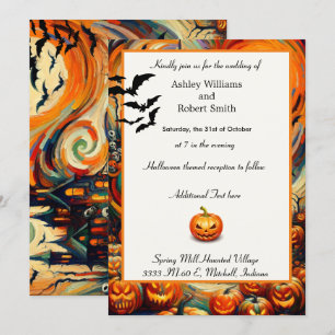 Halloween Wedding Colourful Pumpkin Bats Flat Invitation