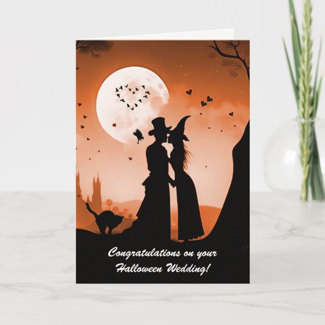 Halloween Wedding Cute Couple Top Hat and Witch  Card (Front)