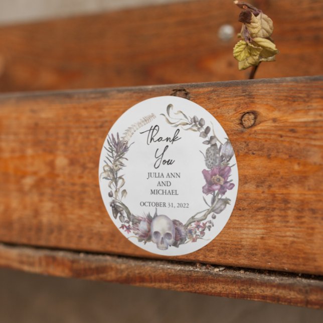 Halloween Wedding Floral Skull Thank you  Classic Round Sticker (Creator Uploaded)