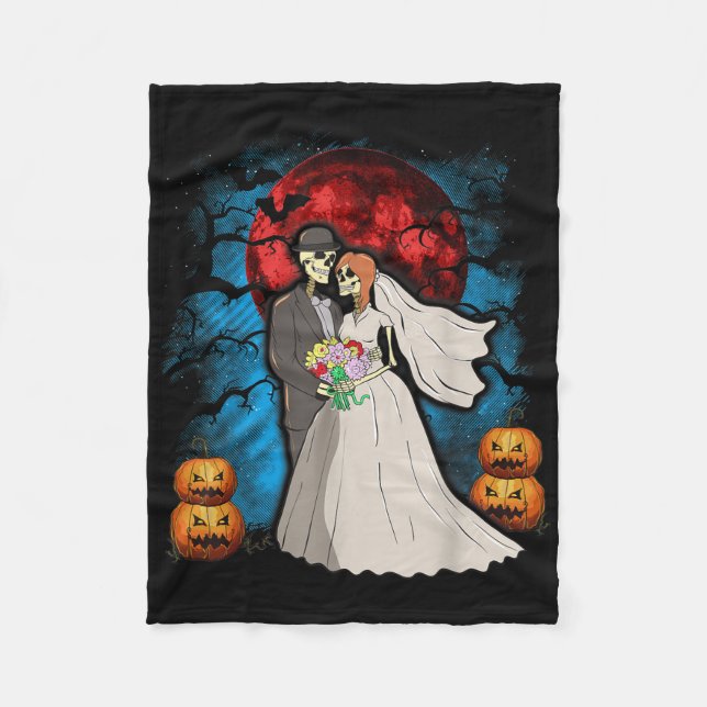 Halloween Wedding Gift Skeleton Couple Bride Groom Fleece Blanket (Front)