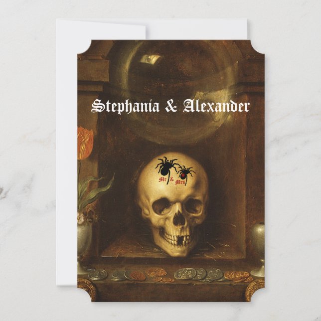 Halloween Wedding Goth, Skull, Spiders Invitation (Front)