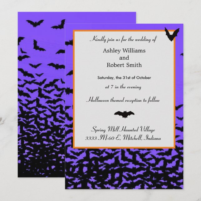 Halloween Wedding Invitation Flat Card Black Bats (Front/Back)