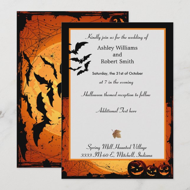 Halloween Wedding Invitation Flat Card Spooky Bats (Front/Back)