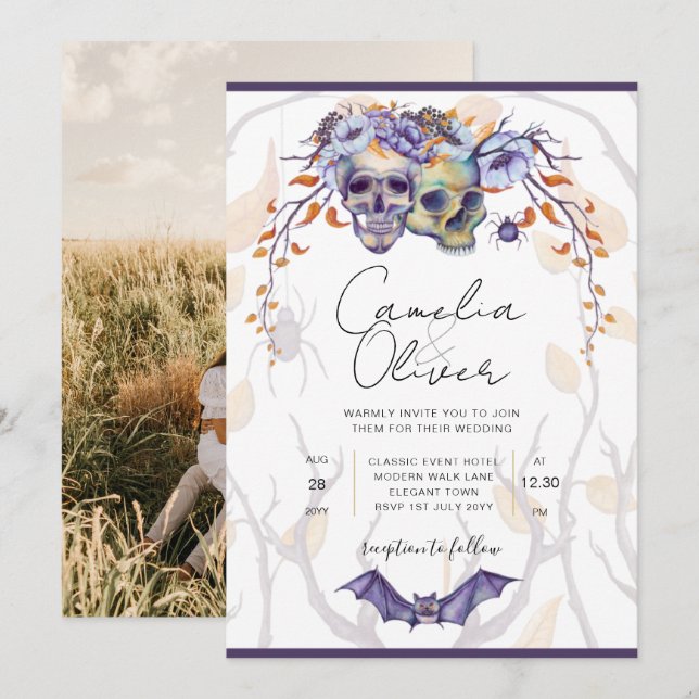 Halloween Wedding Invitation Gothic Skulls Purple (Front/Back)