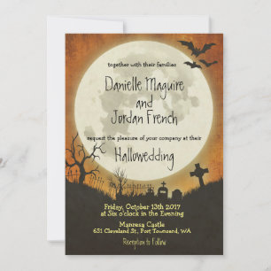 Halloween wedding invitation in orange with moon