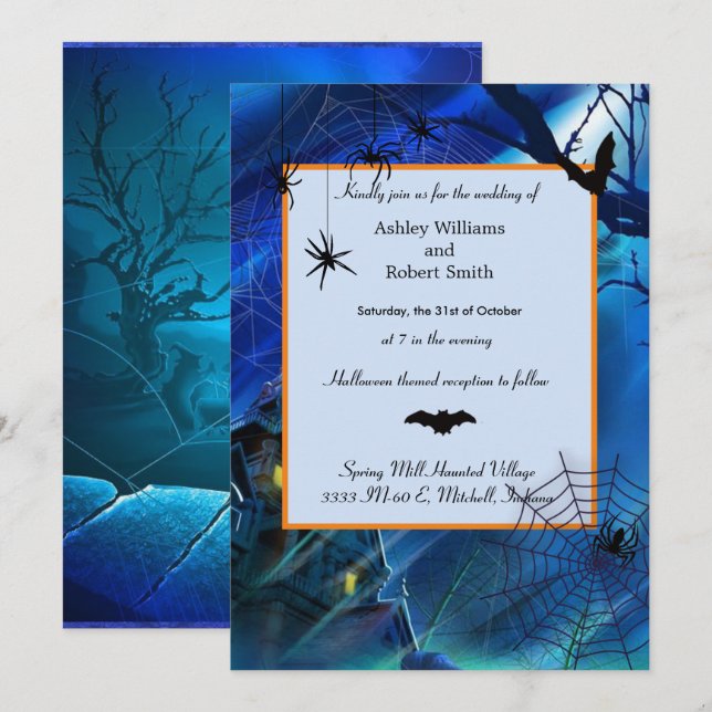 Halloween Wedding Midnight Blue Flat Invitation  (Front/Back)