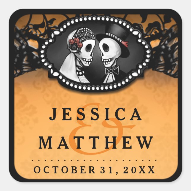 Halloween Wedding Orange Black Skeletons Thank You Square Sticker (Front)