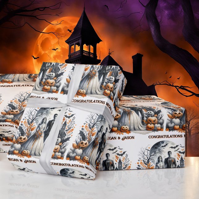 Halloween Wedding Personalise Names Bride & Groom Wrapping Paper (Creator Uploaded)
