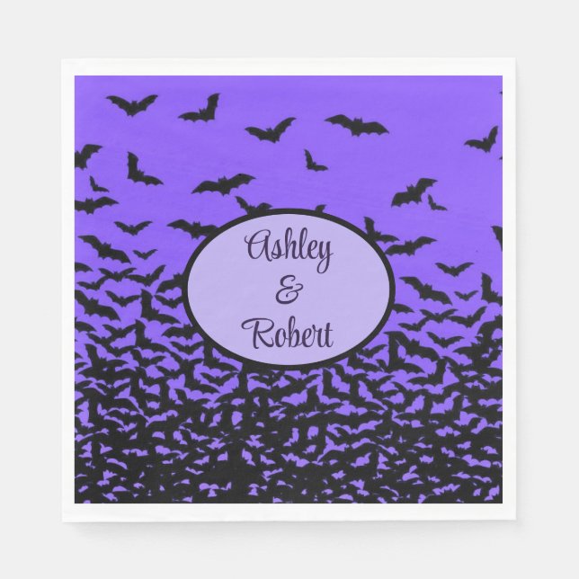 Halloween Wedding Personalise Names Fly Away Bats Napkin (Front)