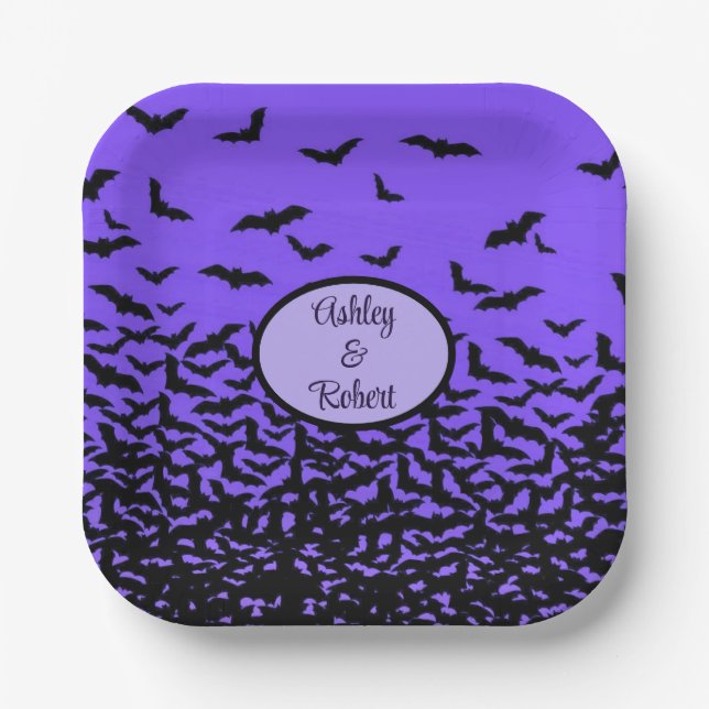 Halloween Wedding Personalise Names Fly Away Bats Paper Plate (Front)