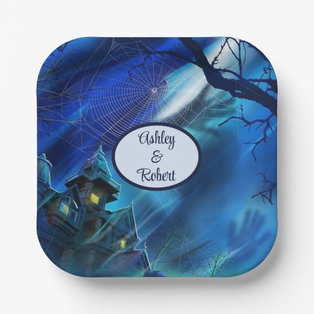 Halloween Wedding Personalise Names Spooky Haunts  Paper Plate (Front)