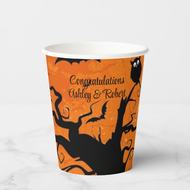 Halloween Wedding Personalise Names Spooky Tree Paper Cups (Back)