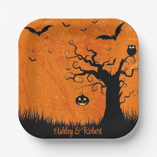Halloween Wedding Personalise Names Spooky Tree Paper Plate (Front)