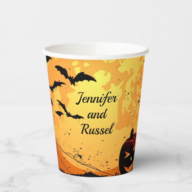 Halloween Wedding Reception Personalise Hot Cider Paper Cups (Left)