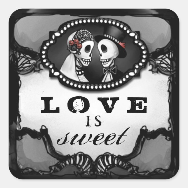 Halloween Wedding Skeletons Love is Sweet Square Square Sticker (Front)