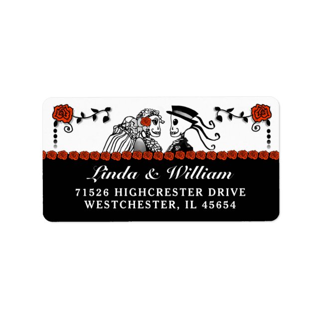 Halloween Wedding Skeletons Red Roses Address Label (Front)