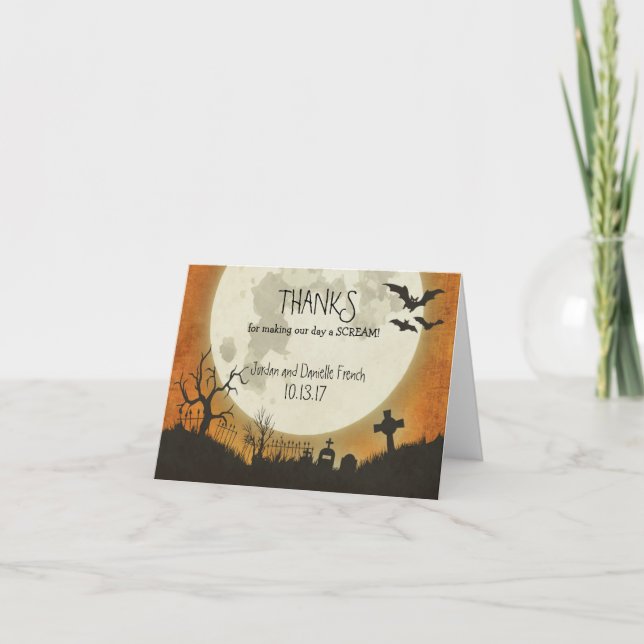 Halloween wedding Thank You card - moon in orange (Front)