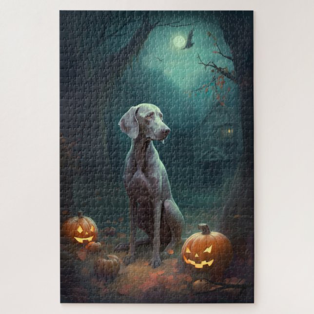 Halloween Weimaraner With Pumpkins Scary Jigsaw Puzzle (Vertical)