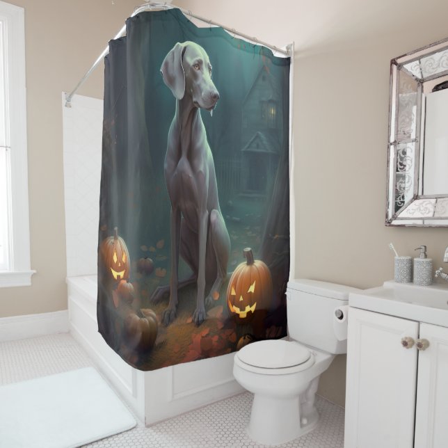 Halloween Weimaraner With Pumpkins Scary Shower Curtain (In Situ)