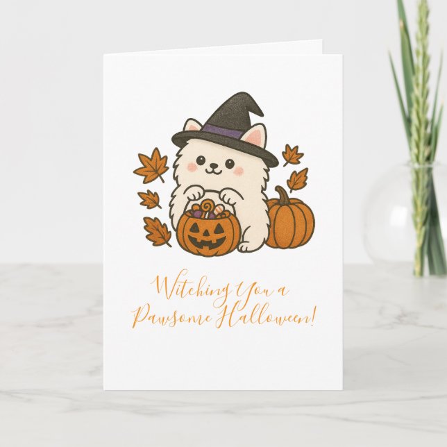 Halloween Wenscard — Pomeranian with Heksenhoed Card (Front)