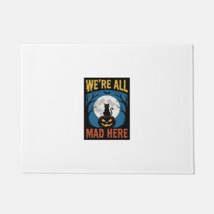 Halloween Were All Mad Here Moon Cat Pumpkin Doormat