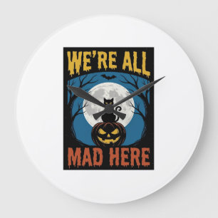 Halloween Were All Mad Here Moon Cat Pumpkin Large Clock