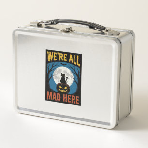 Halloween Were All Mad Here Moon Cat Pumpkin Metal Lunch Box