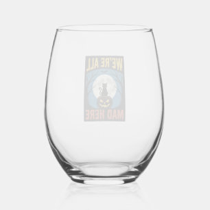 Halloween Were All Mad Here Moon Cat Pumpkin Stemless Wine Glass