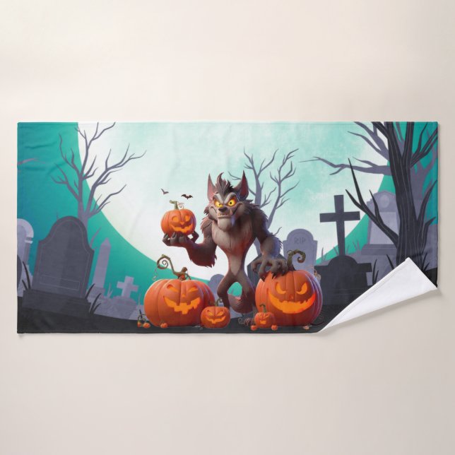 Halloween werewolf and pumpkins bath towel (Bath Towel)