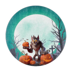 Halloween werewolf and pumpkins cutting board