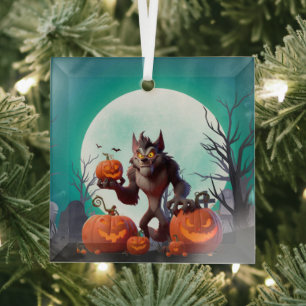Halloween werewolf and pumpkins glass tree decoration