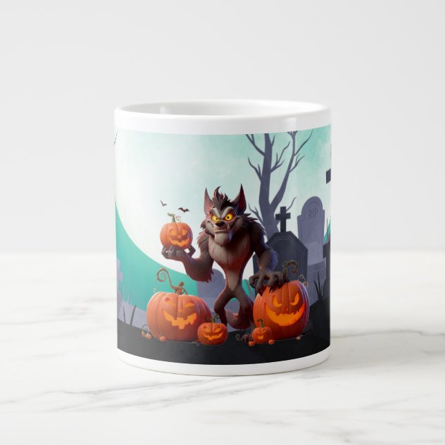Halloween werewolf and pumpkins large coffee mug (Front)