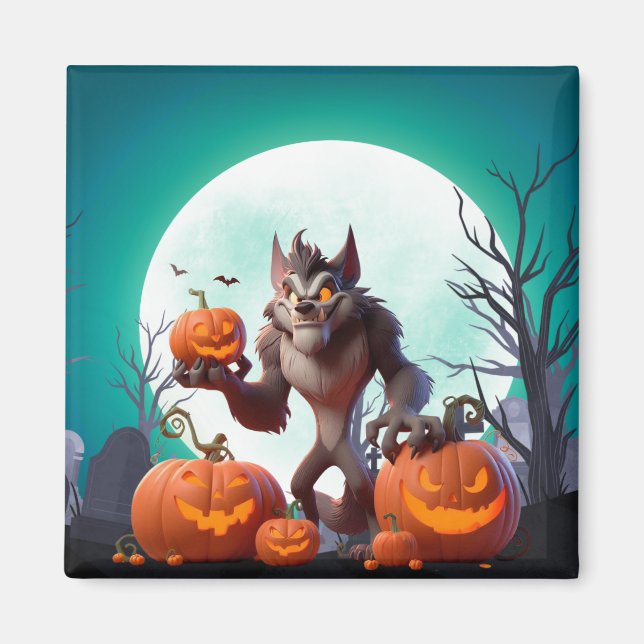 Halloween werewolf and pumpkins magnet (Front)