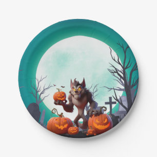 Halloween werewolf and pumpkins paper plate