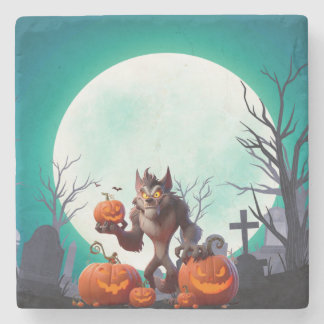 Halloween werewolf and pumpkins stone coaster