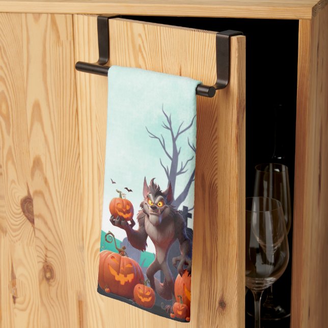 Halloween werewolf and pumpkins tea towel (Thirds Fold)