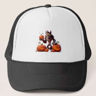 Halloween werewolf and pumpkins trucker hat