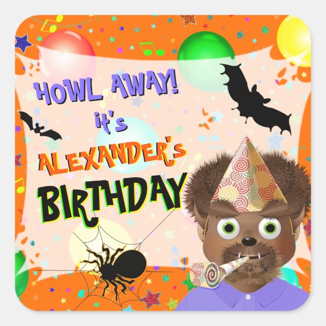 Halloween Werewolf Monster Birthday Party Square Sticker (Front)