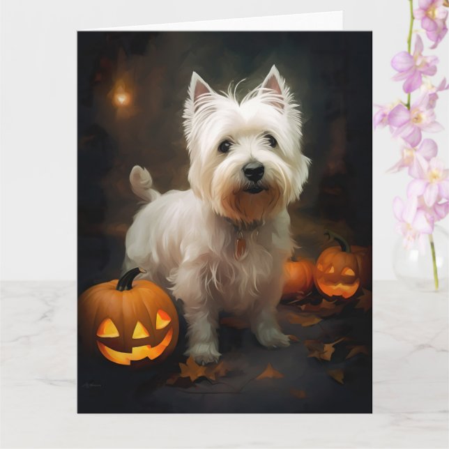 Halloween West Highland White Terrier Pumpkins Card (Orchid)