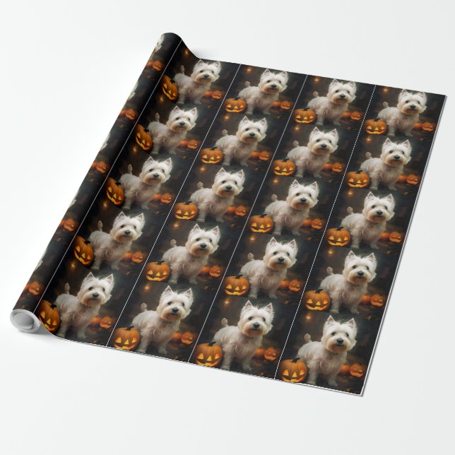 Halloween West Highland White Terrier Pumpkins Wrapping Paper (Unrolled)