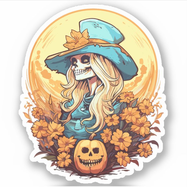 Halloween Western Cowgirl Skeleton Floral Pumpkin (Front)