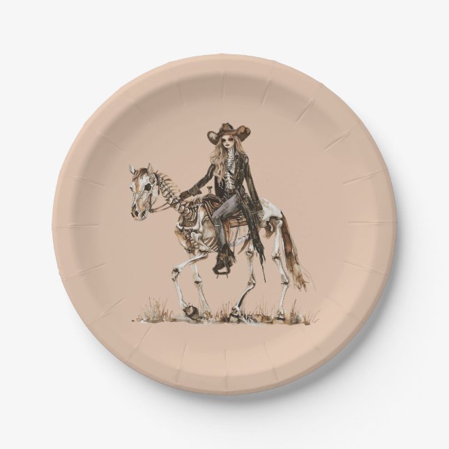 Halloween Western Cowgirl Skeleton Horse Paper Plate (Front)