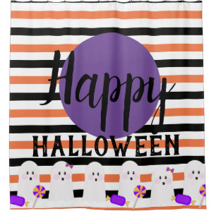 Halloween Whimiscal Cute Ghost with Candy Border Shower Curtain