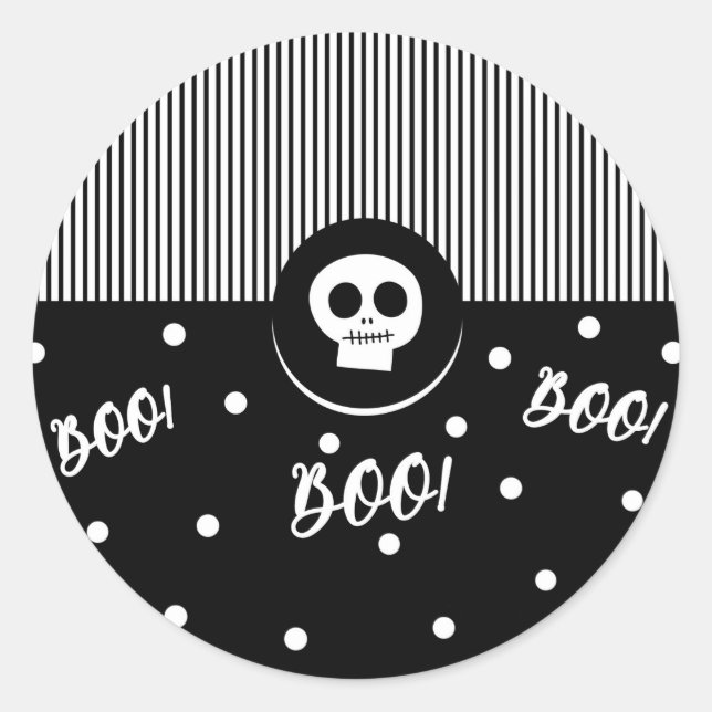Halloween Whimsical Boo Skull Black & White Party Classic Round Sticker (Front)