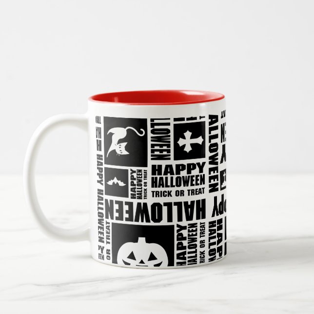 Halloween Whimsical Cool Typography Pattern Black  Two-Tone Coffee Mug (Left)