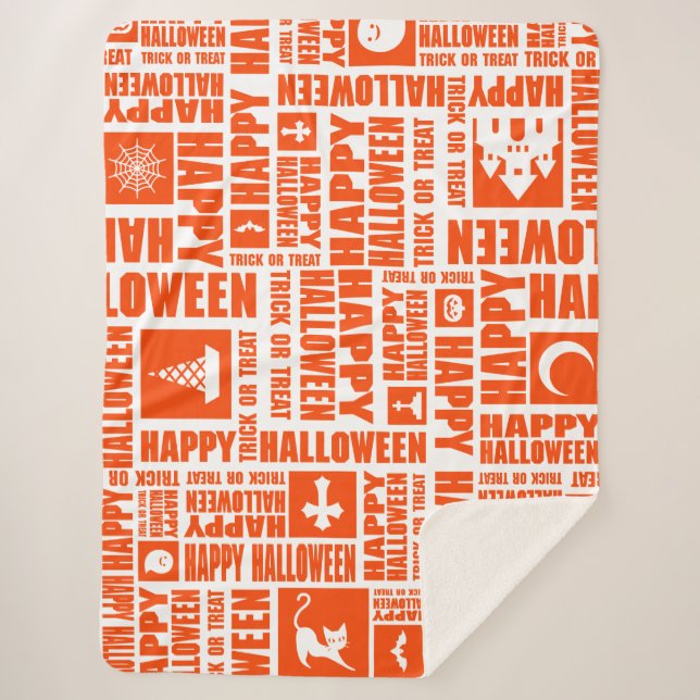 Halloween Whimsical Cool Typography Pattern Orange Sherpa Blanket (Front)