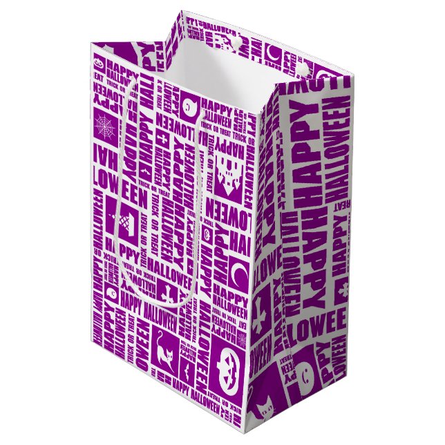 Halloween Whimsical Cool Typography Pattern Purple Medium Gift Bag (Front Angled)